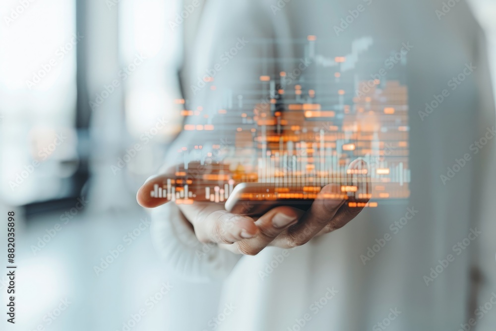 Poster businessman analyzing technology trends and data analytics on holographic display with digital devic