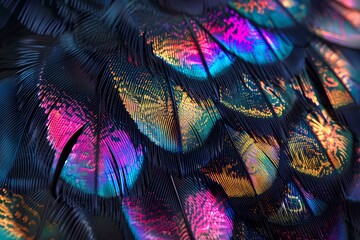 Fototapeta premium colorful overhead extreme close up of black fur, under microscope photography, microscopic view of animal hair and feathers in the style of rainbow prismatic colors