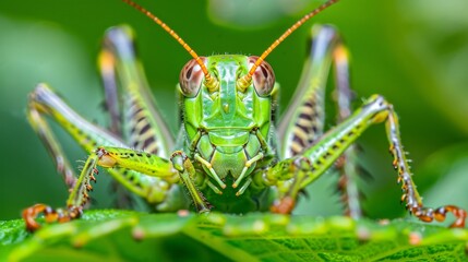 Fototapeta premium Close up macro shot of detailed grasshopper head focusing on the intricate detail of its compound eyes and sensory palps