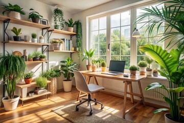 A serene home office setup by a window bathed in soft natural light, surrounded by lush indoor plants and personal touches that evoke creativity and productivity.