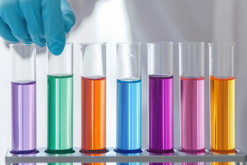 Colorful test tubes with liquids in a lab. Chemistry, science, and research concepts. Gloved hand handling a tube in a scientific experiment.