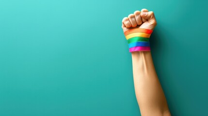 A powerful illustration depicts a raised fist adorned with a rainbow band, symbolizing solidarity and support for pride day against a plain teal background.