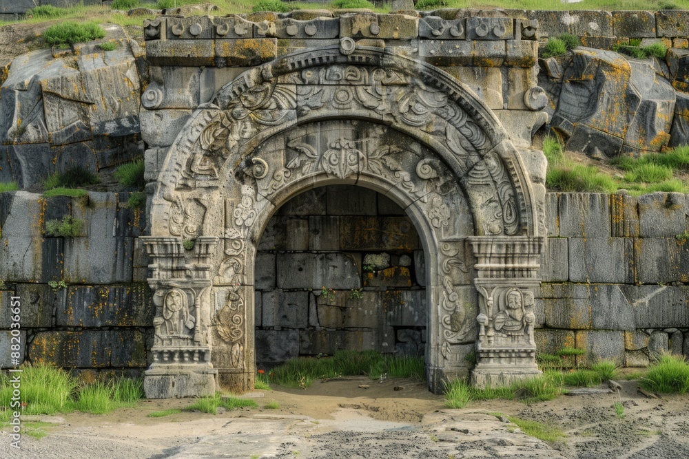 Poster ancient stone arch with intricate carvings, perfect for history or architecture images