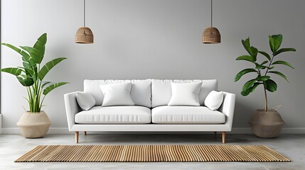 Scandinavian Minimalism: White Sofa with Chandelier and Flowerpot in a Simple Interior.
