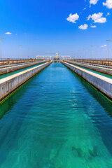 A clear sunny day at an expansive water treatment facility showcasing pristine water channels and infrastructure under a bright blue sky.