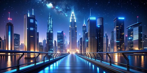 Futuristic Cityscape with Bridge and Starry Sky, Digital Art, Skyscrapers, Nighttime, City Lights, Bridge, Sky