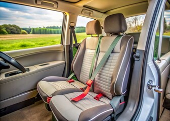 Unattended vehicle parked roadside, empty backseat visible, seatbelt stretched across, conveying important safety message of correct usage for young travelers.