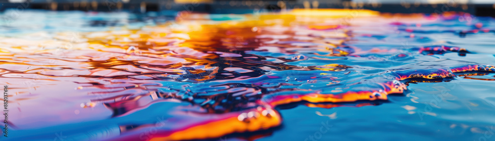 Poster vibrant abstract image of colorful liquid surface with ripples and reflections, creating a mesmerizi