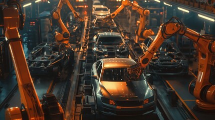 Fototapeta premium Industrial automotive manufacturing plant with robots assembling cars in a factory setting