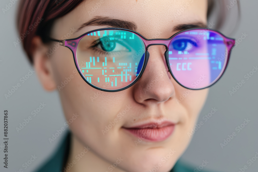Poster close-up of a woman with glasses reflecting computer code, representing technology, software develop