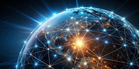Fototapeta premium Global Network Connections - 3D Rendered Earth with Glowing Lines and City Lights, global network, network connection, interconnected world, technology