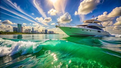 Vibrant turquoise waves gently lap against the sleek, opulent yacht's sleek hull, anchored off Miami's sugary coastline, basking in radiant sunshine on a serene afternoon.