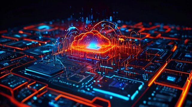 This is an illustration of a computer motherboard with an orange glowing cloud above it. The motherboard has many electronic components on it.