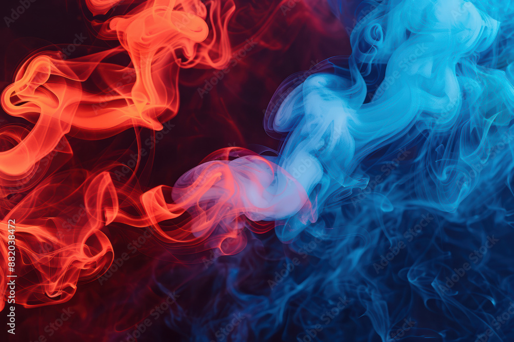 Poster vibrant red and blue smoke trails intertwine gracefully against a dark background, creating a dynami