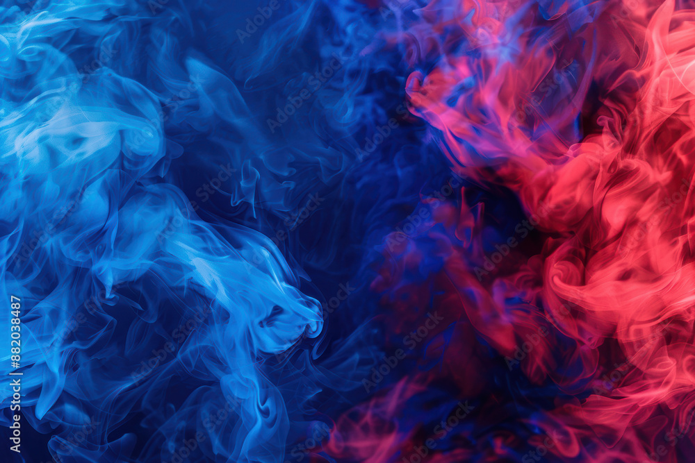 Poster abstract image with vibrant red and blue smoke swirls on a dark background, creating a mysterious an