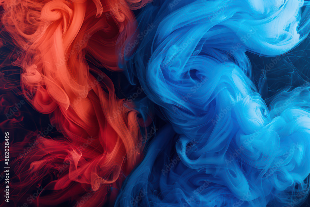 Poster vibrant abstract background with swirling red and blue smoke forming intricate patterns. dynamic, co