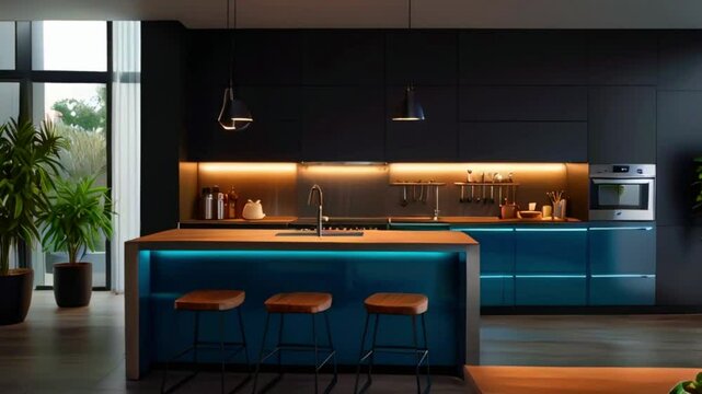A modern kitchen with dark cabinets, a large island with a blue LED light underneath, and three stools in front of the island. There is a plant in the corner of the kitchen and a large window