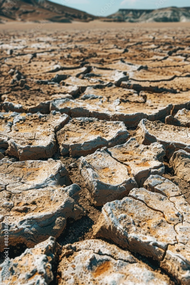 Poster A desolate desert landscape with a distant mountain visible in the background