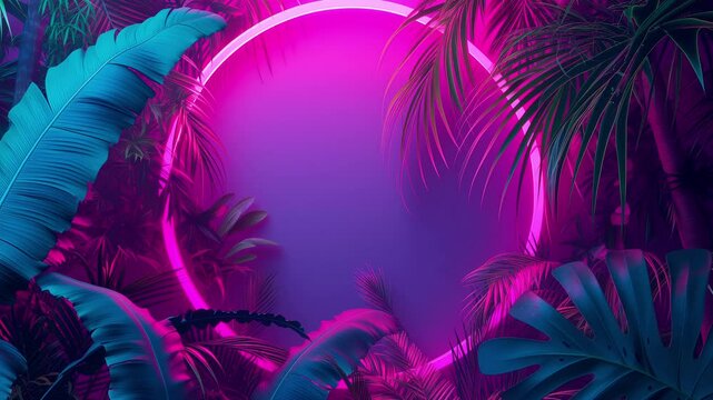 Tropical jungle monstera, flower plant and flamingo fresh leaves composition circle shaped on purple background. Flower round frame arrangement. Floral design. Generative AI