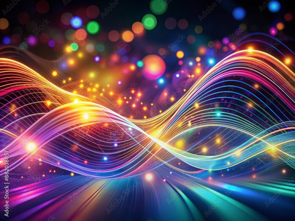 Aufkleber vibrant neon wave lines undulate across a dark abstract background, punctuated by swirling bokeh lig