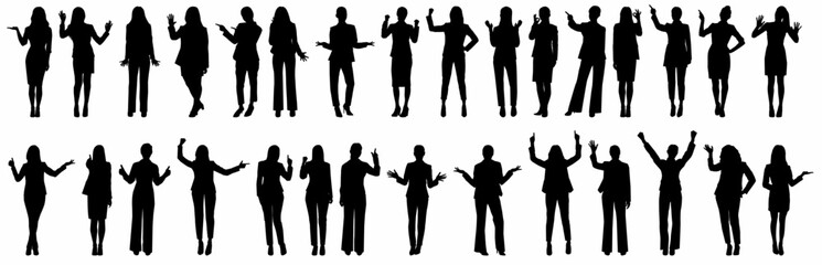 Fototapeta premium silhouettes of women, a group of standing business people, black and white color isolated on white background