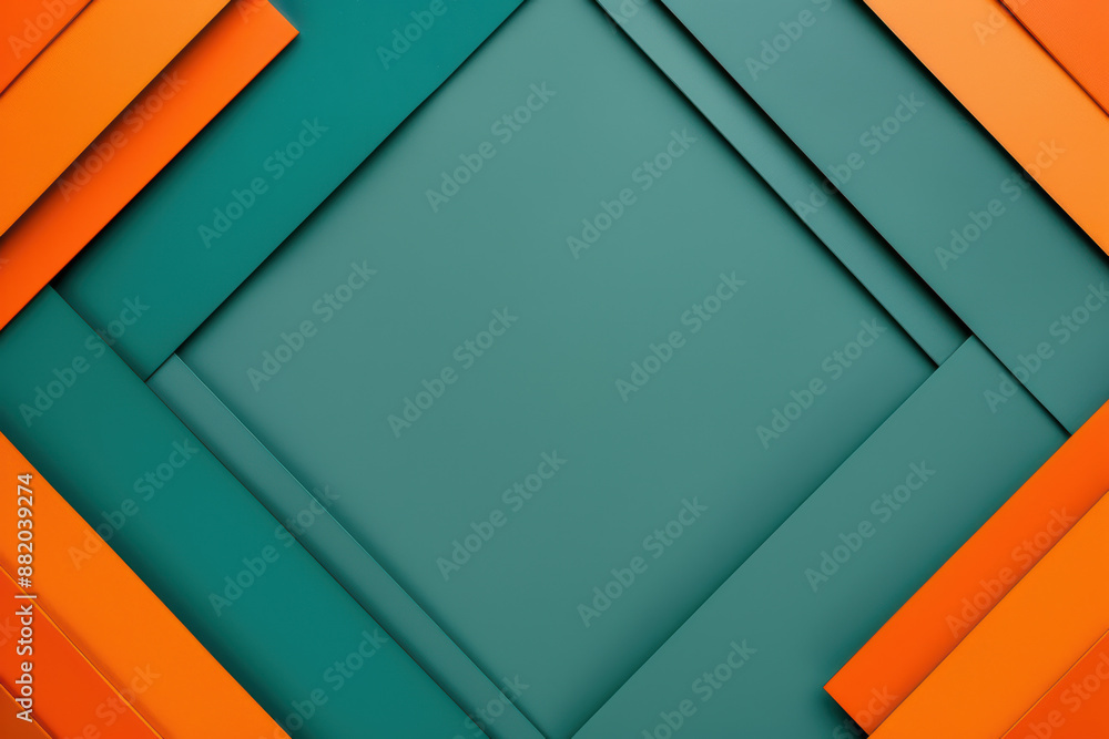 Poster abstract geometric pattern with teal and orange shapes layered in a square design. modern compositio