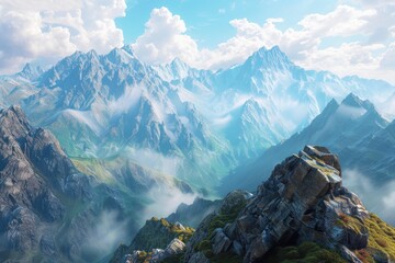 Panoramic view of a mountain range from a high altitude, ideal for use in travel or outdoor-related contexts