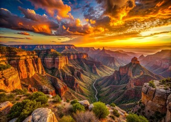Vibrant orange hues illuminate rugged canyon walls, stretching towards the horizon as vast desert landscapes unfold beneath a serene golden hour sky in Copper Canyon.