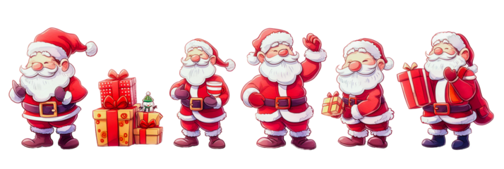 Five funny laughing Santa Clauses in a Christmas costume, hat and with large packages of gifts on a transparent background.