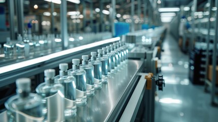Fototapeta premium Bottles of Liquid Moving on a Conveyor Belt in a Modern Manufacturing Facility