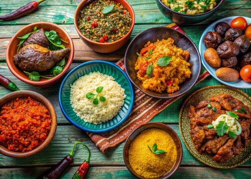 Vibrant arrangement of traditional African dishes like jollof rice, fufu, suya, egusi soup, and matooke, beautifully presented on a colorful wooden table setting.