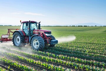 Fototapeta premium Tractor Spraying Crops in Agricultural Field
