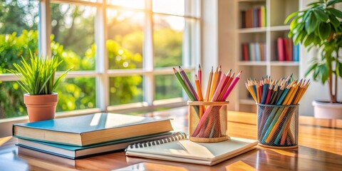 Colorful textbooks, pencils, and a notebook are neatly arranged on a desk in a cozy home study area with a subtle natural light background atmosphere.