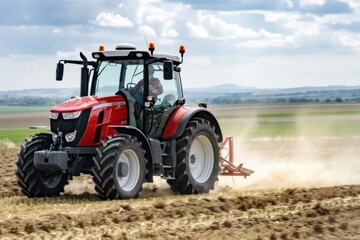 Obraz premium Red Tractor Plowing a Field on a Sunny Day