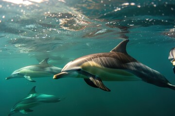 Dolphins Swimming Underwater in Clear Ocean