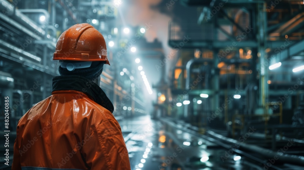 Canvas Prints A young technician with an orange hard hat enters a factory indoors.