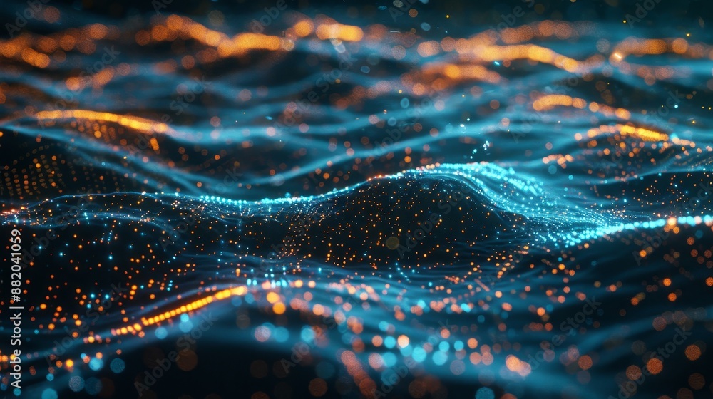 Poster Technology flow background with a dynamic wave. Abstract green dots. 3D rendering.
