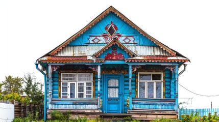 Fototapeta premium Ornate Wooden House with Blue Siding