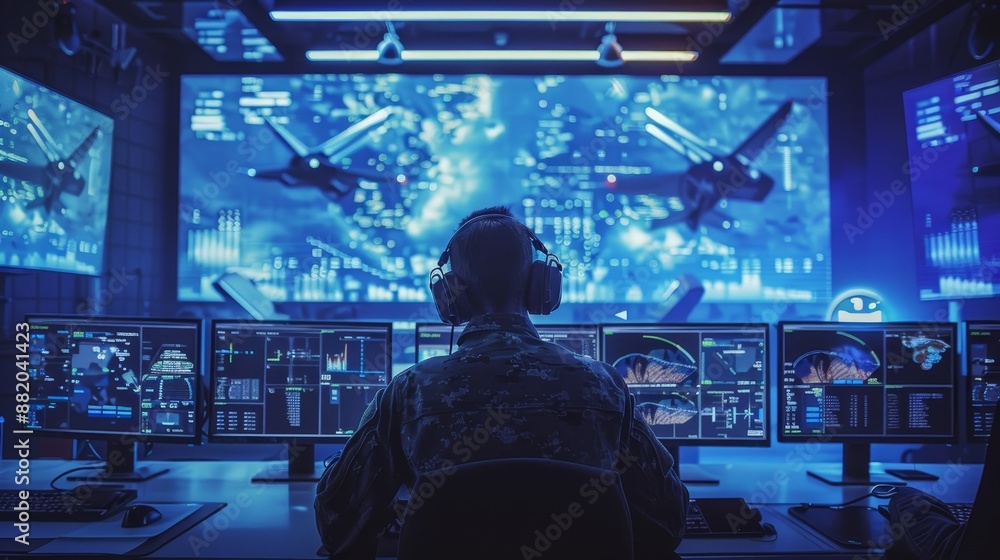 Canvas Prints Military Surveillance Officer working in a Cyber Control and Monitoring Hub for Army Communications and National Security.