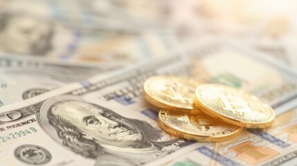 Three gold coins sit on top of a stack of green and white bills