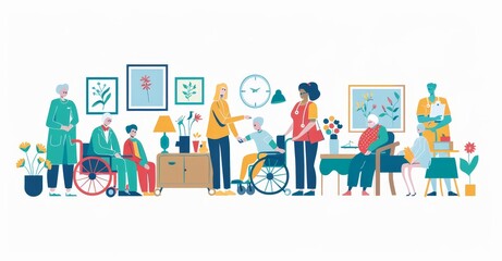 Fototapeta premium The idea of elder care set, with nursing assistance and resources for assisted living, is depicted in this modern illustration. Collection and group of retirement professional support items with