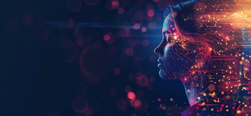 Fototapeta premium The double exposure of a woman in business and Big Data concept. Digital neural network. Introduction of stock. The cyberspace of the future. Science and innovation.