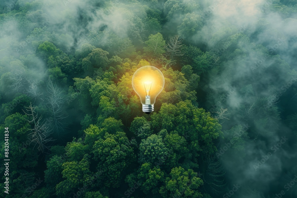 Poster the bulb-shaped lake is located in the middle of a lush forest, representing fresh ideas, inventiven