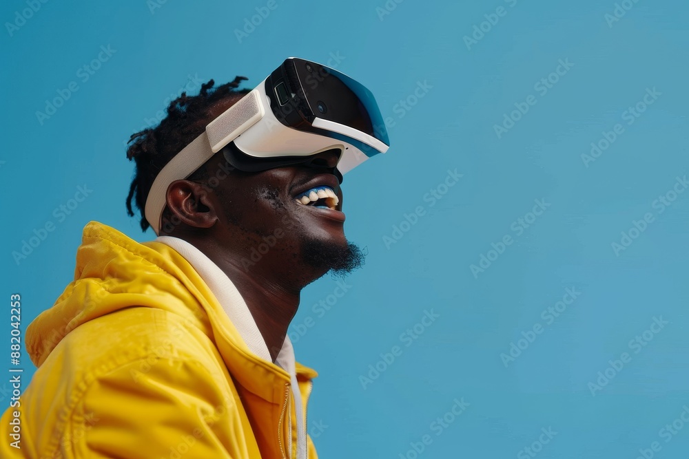Poster virtual reality goggles to enjoy visual innovation and interactive tech on headset. millennial leisu