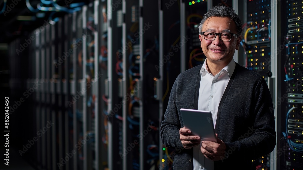 Poster an it specialist stands between rows of servers in a data center using a tablet computer for mainten