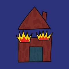 children drawing burning house illustration