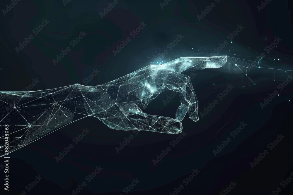 Poster hand of a robot and human connected to the metaverse universe. digital transformation conceptual for