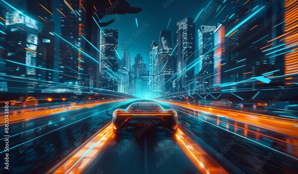 Poster animated motion of the car of the future. speed and dynamics are visualized.