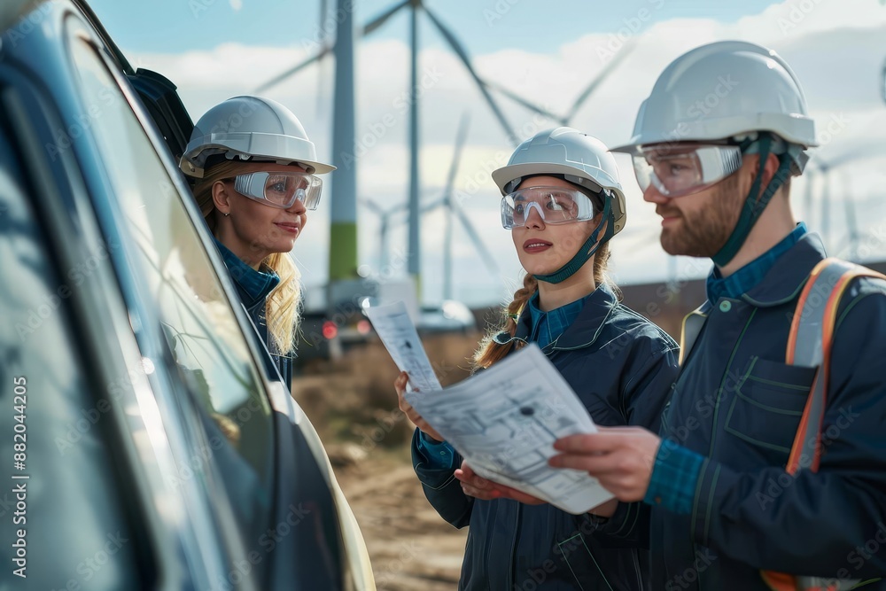 Aufkleber close up of a group of technician workers chatting about work using plan paper while a wind mill or 