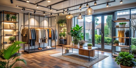 Fototapeta premium Interior Design of a Modern Boutique with Wooden Flooring and Stylish Lighting, boutique , interior design , lighting , modern style